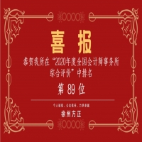 全國會計(jì)師事務(wù)所綜合評價排名公布，我公司位列89名！
